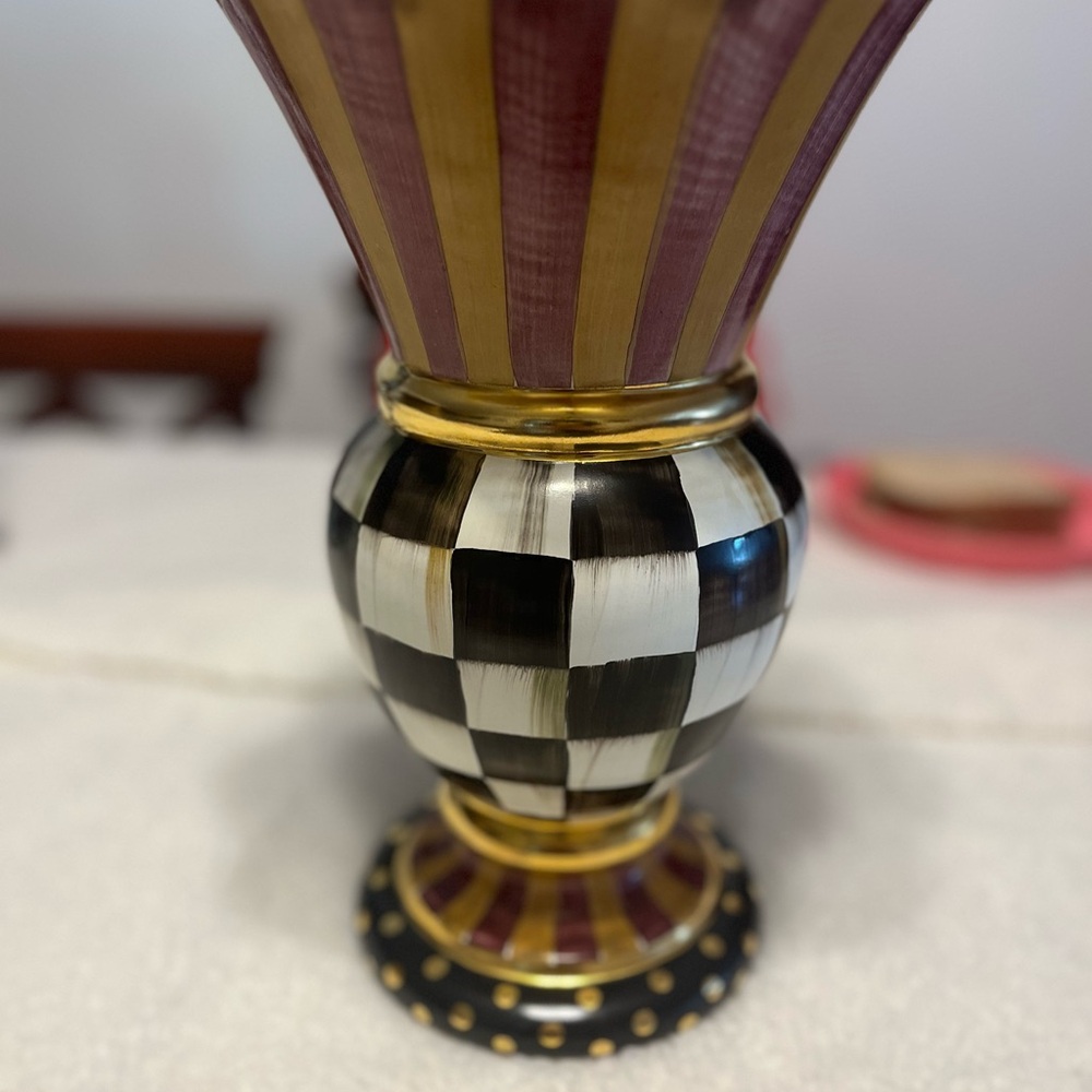 MacKenzie-Childs Gold and Black Checkered Vase with Purple Accents